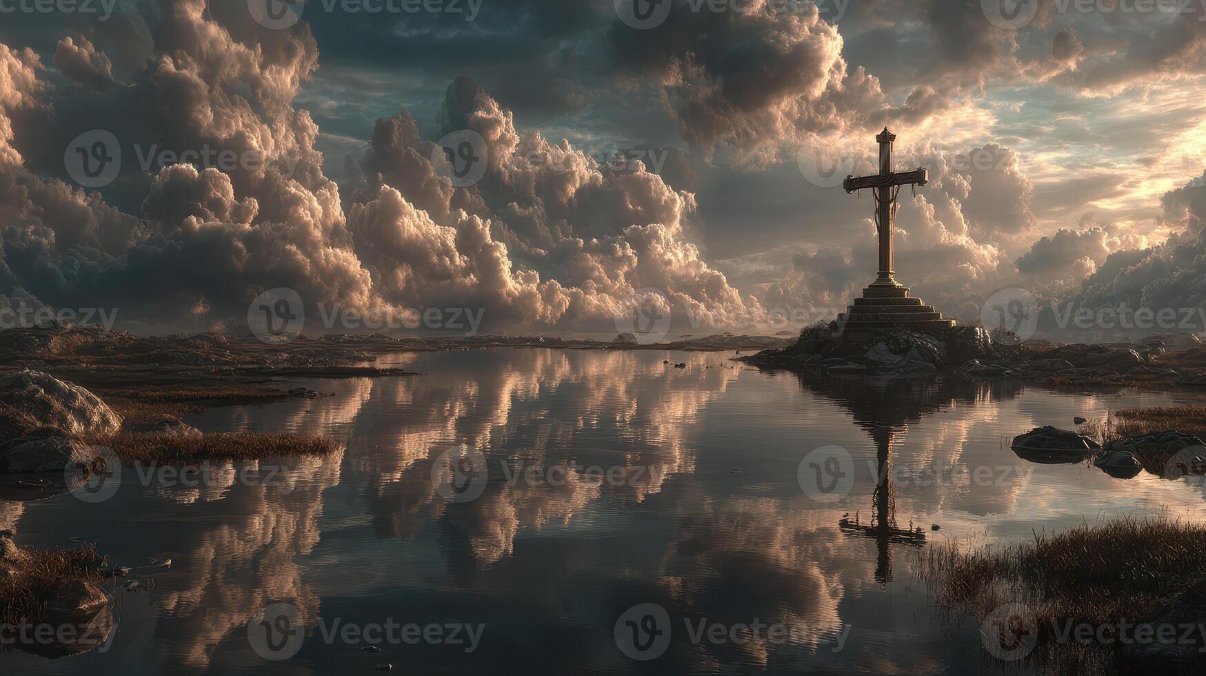Majestic sunrise over a serene lake with a large stone cross reflecting on calm waters photo