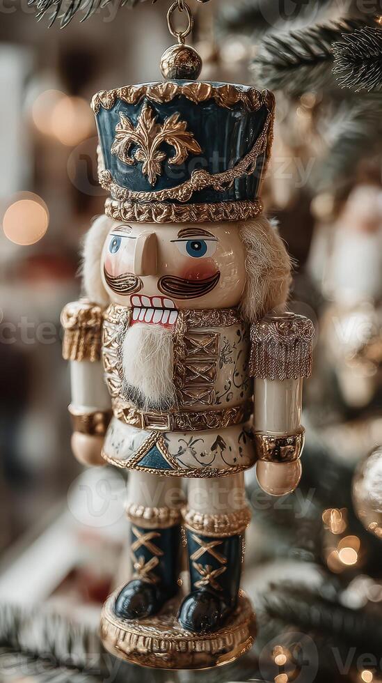 Decorative nutcracker ornament hanging on a holiday tree with warm lights in a cozy interior setting photo
