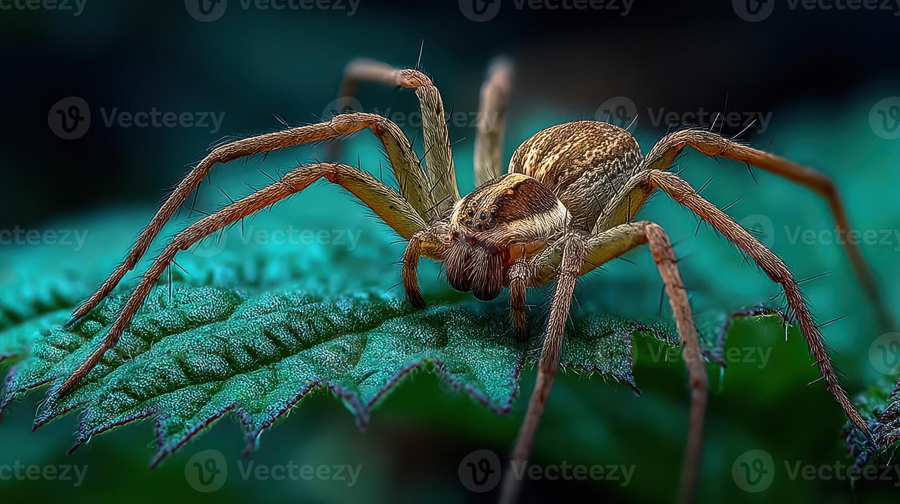 Close-up view of a spider resting on a green leaf in a natural setting during daylight photo