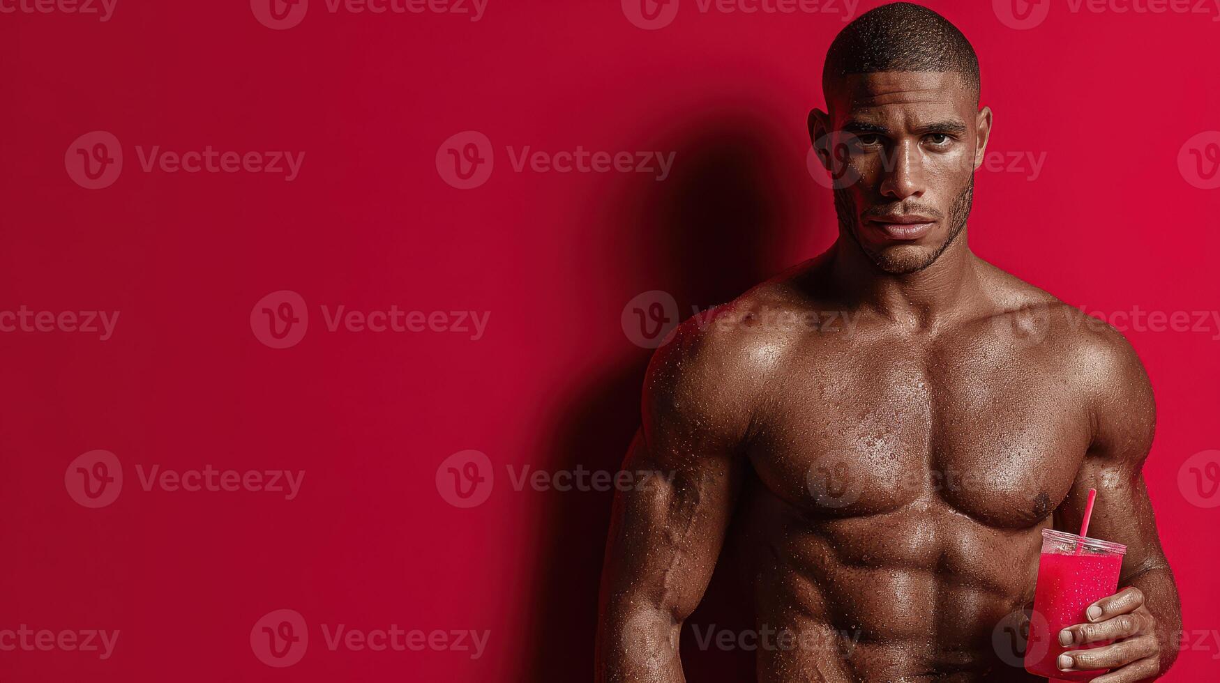 Male model poses in front of a vibrant red backdrop while holding a refreshing drink in a fitness-themed photoshoot photo