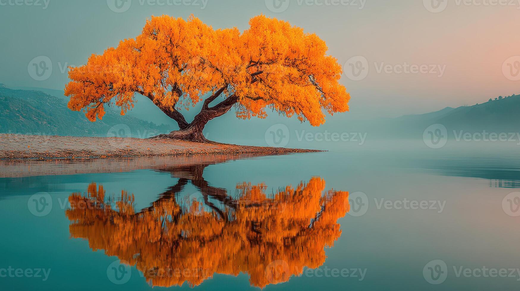 Vibrant golden autumn tree reflecting in tranquil lake at dawn near mountains photo