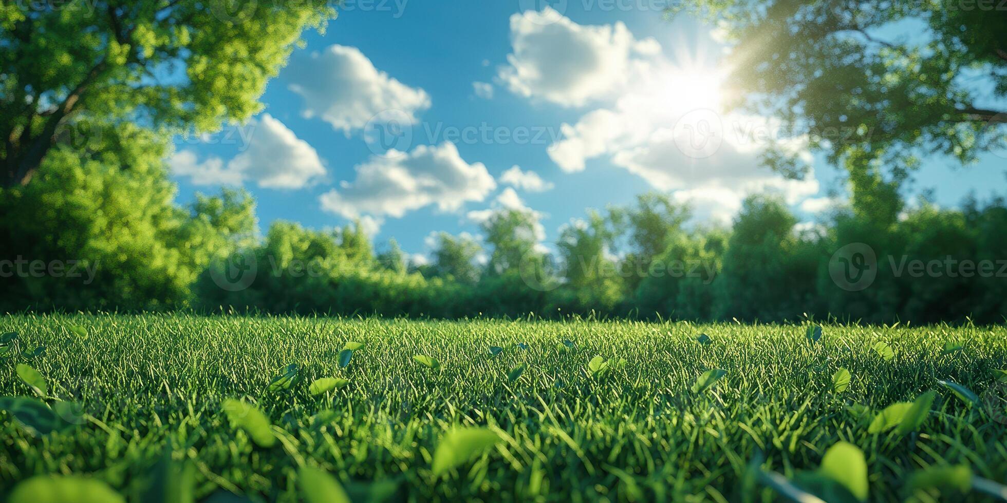 Sunlight filters through trees over a lush green meadow in a serene nature setting photo