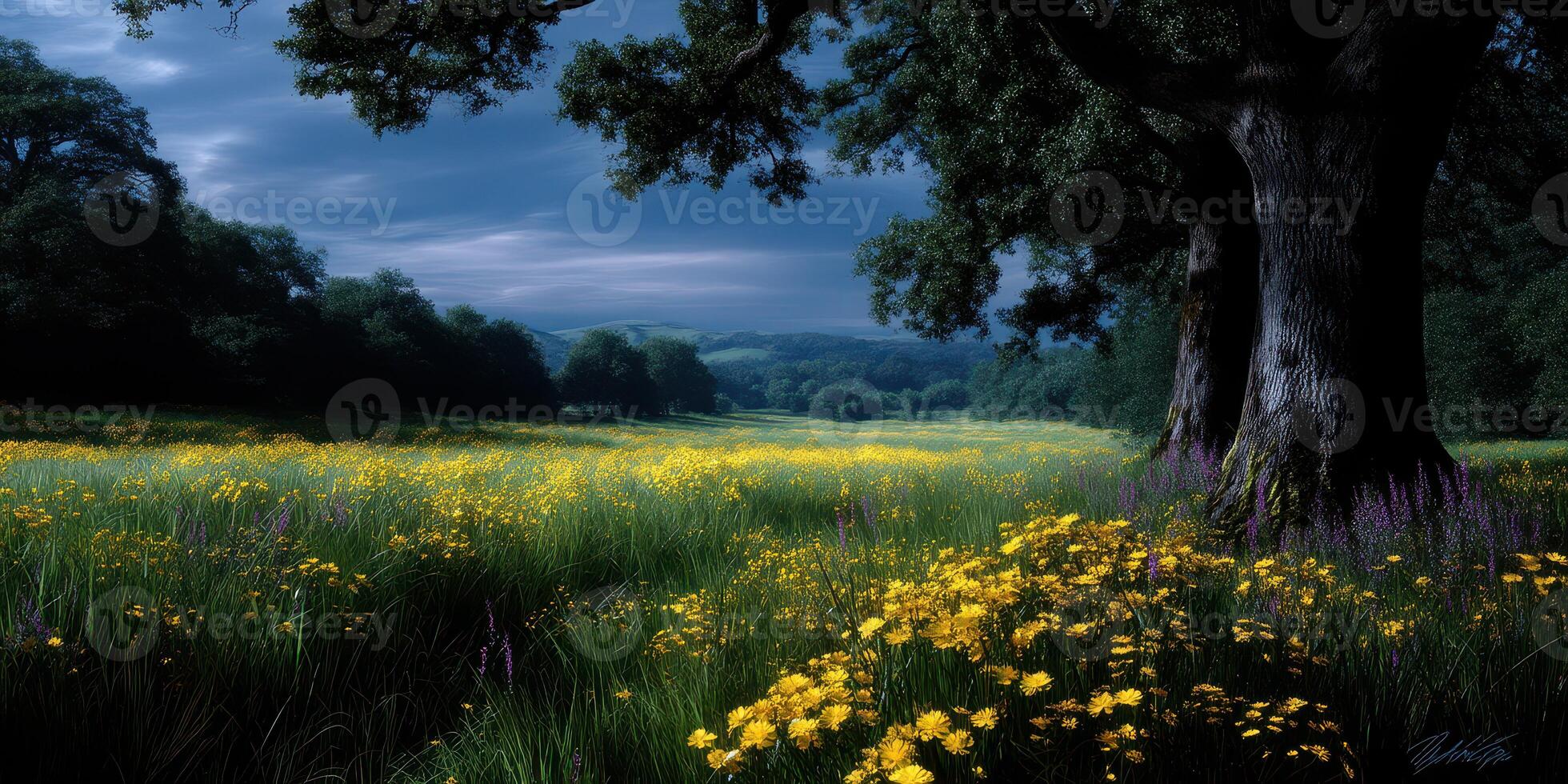 Bright yellow wildflowers blanket a serene meadow under a twilight sky in a tranquil landscape photo