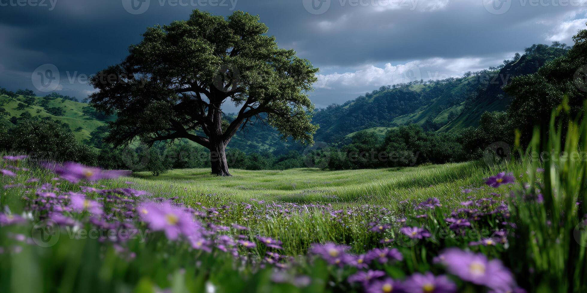 Scenic landscape featuring a large tree surrounded by vibrant flowers in a lush green valley under a cloudy sky photo