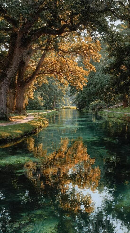 Tranquil river flowing through a wooded area with golden foliage reflecting on the water's surface in the late afternoon photo