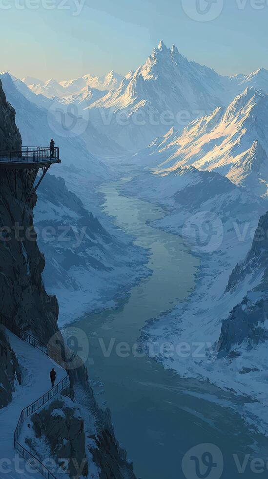 Mountain view from a high vantage point overlooking a winding river and snow-covered peaks at dawn photo