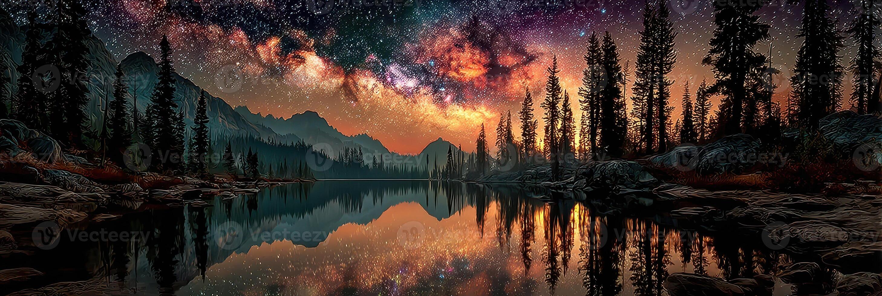 Night sky filled with stars and reflections over a calm lake in a serene mountain landscape photo