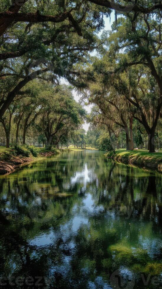 Serene waterway surrounded by lush trees in a tranquil setting during midday at a nature reserve photo