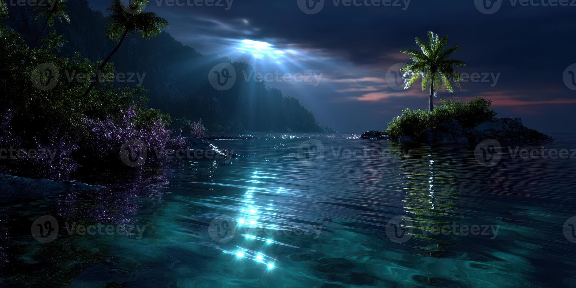 Mystical coastline illuminated by moonlight over tranquil water with palm trees at night photo