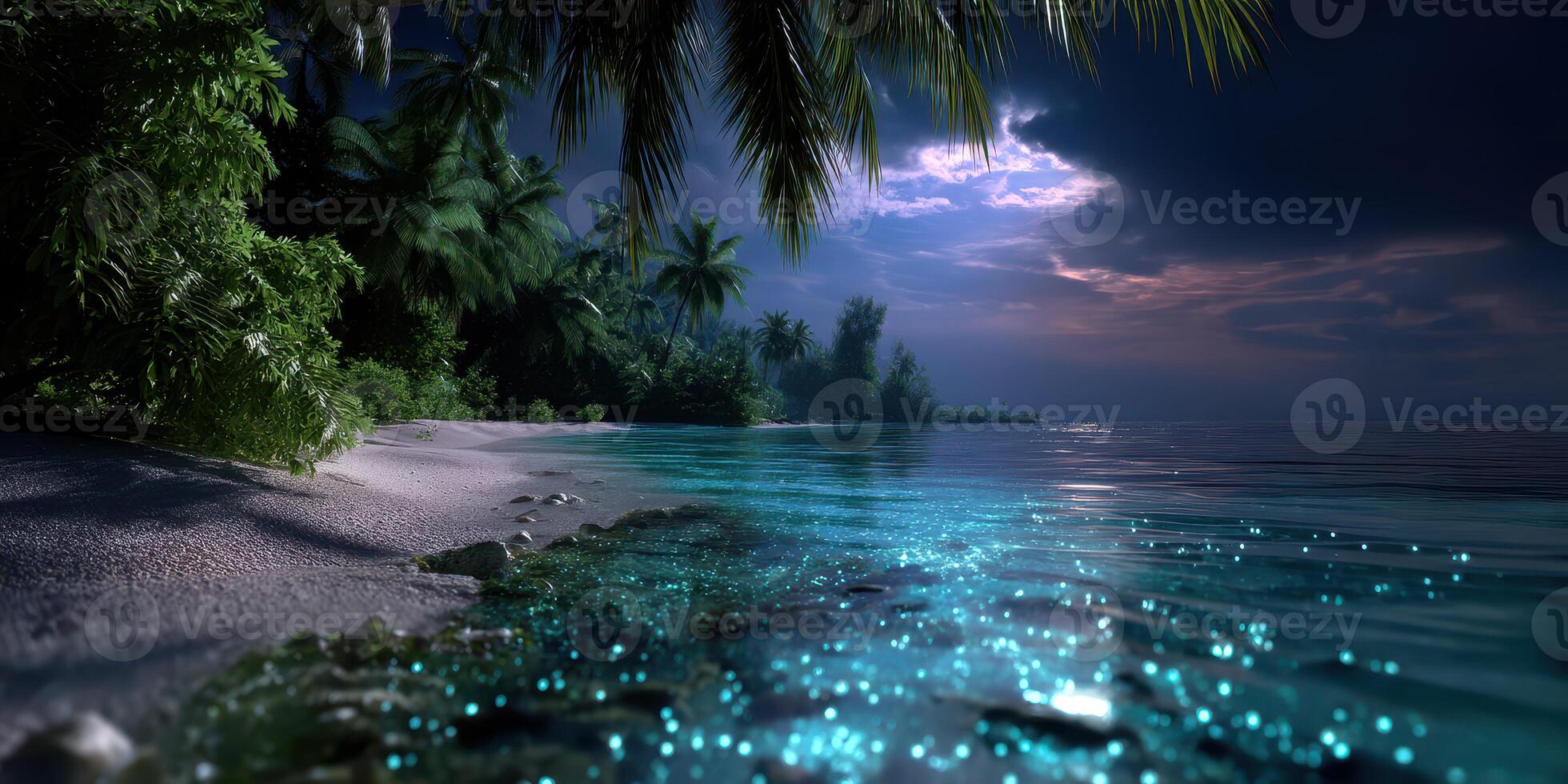 Calm tropical beach at night with calm waters and shimmering reflections photo