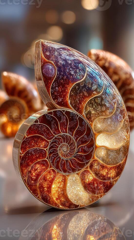 Beautifully crafted ammonite fossil replicas on display showcasing intricate patterns and vibrant colors photo