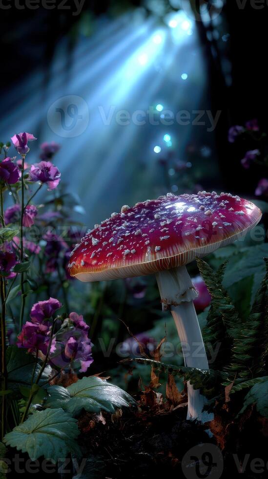 Vibrant red mushroom stands tall amidst purple flowers in a sunlit forest clearing photo