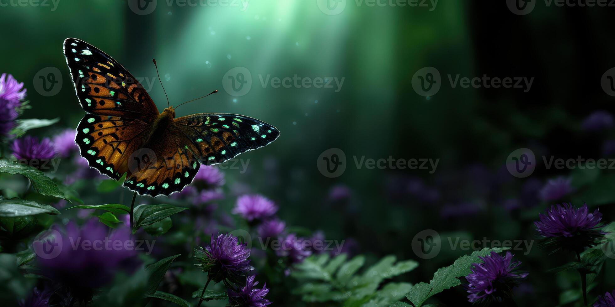 Butterfly resting on purple flowers in a serene forest setting during dawn photo