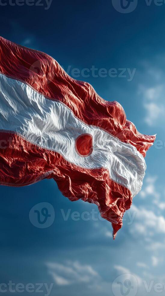 Waving flag featuring a circle against a bright blue sky with fluffy clouds on a sunny day photo