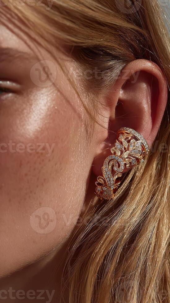 Elegant gold earrings showcased on a close-up model with light hair and a radiant complexion during a sunny outdoor event photo