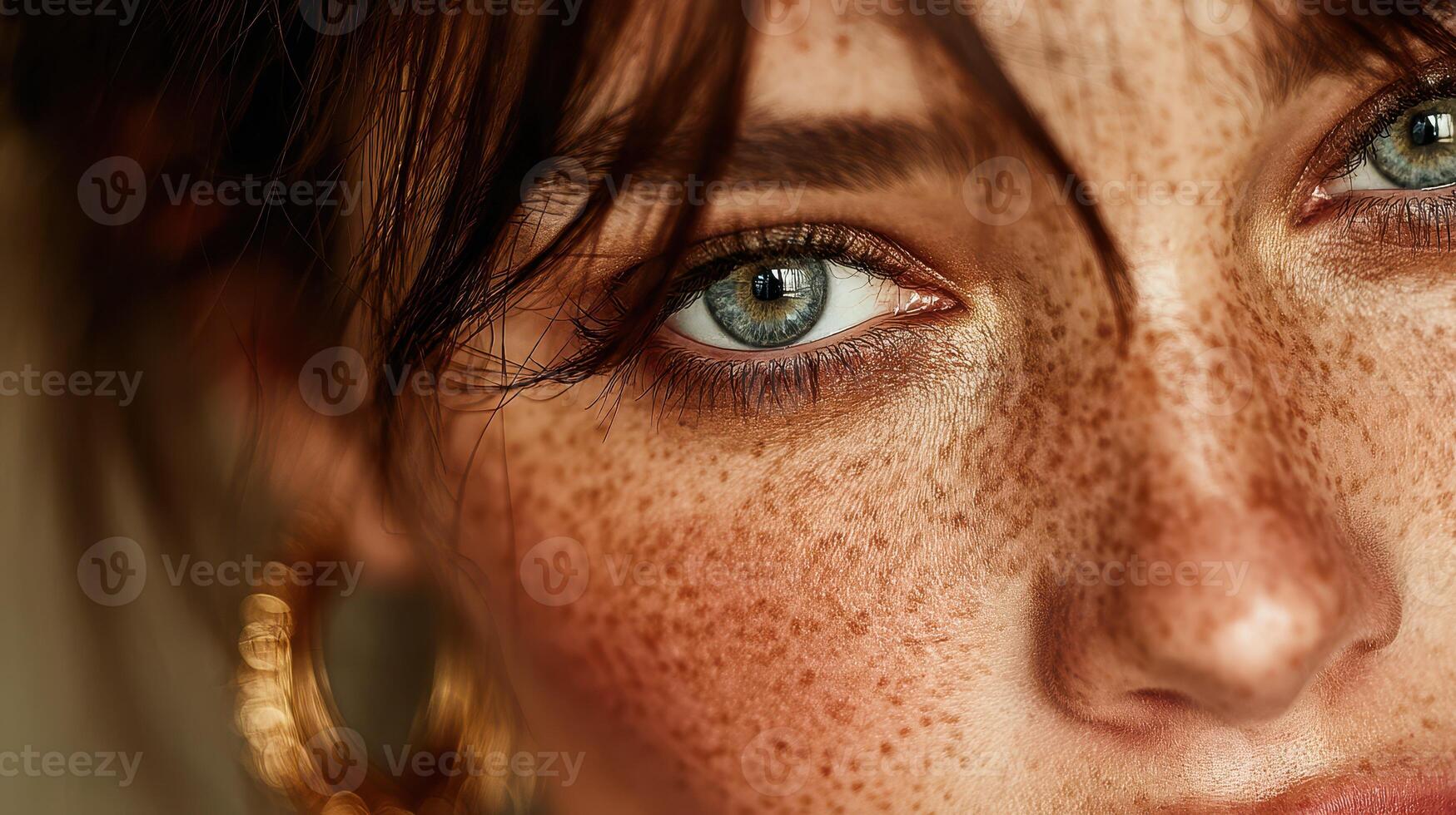 Close-up of a young woman with striking blue eyes and freckles, showcasing natural beauty and elegance in warm lighting photo