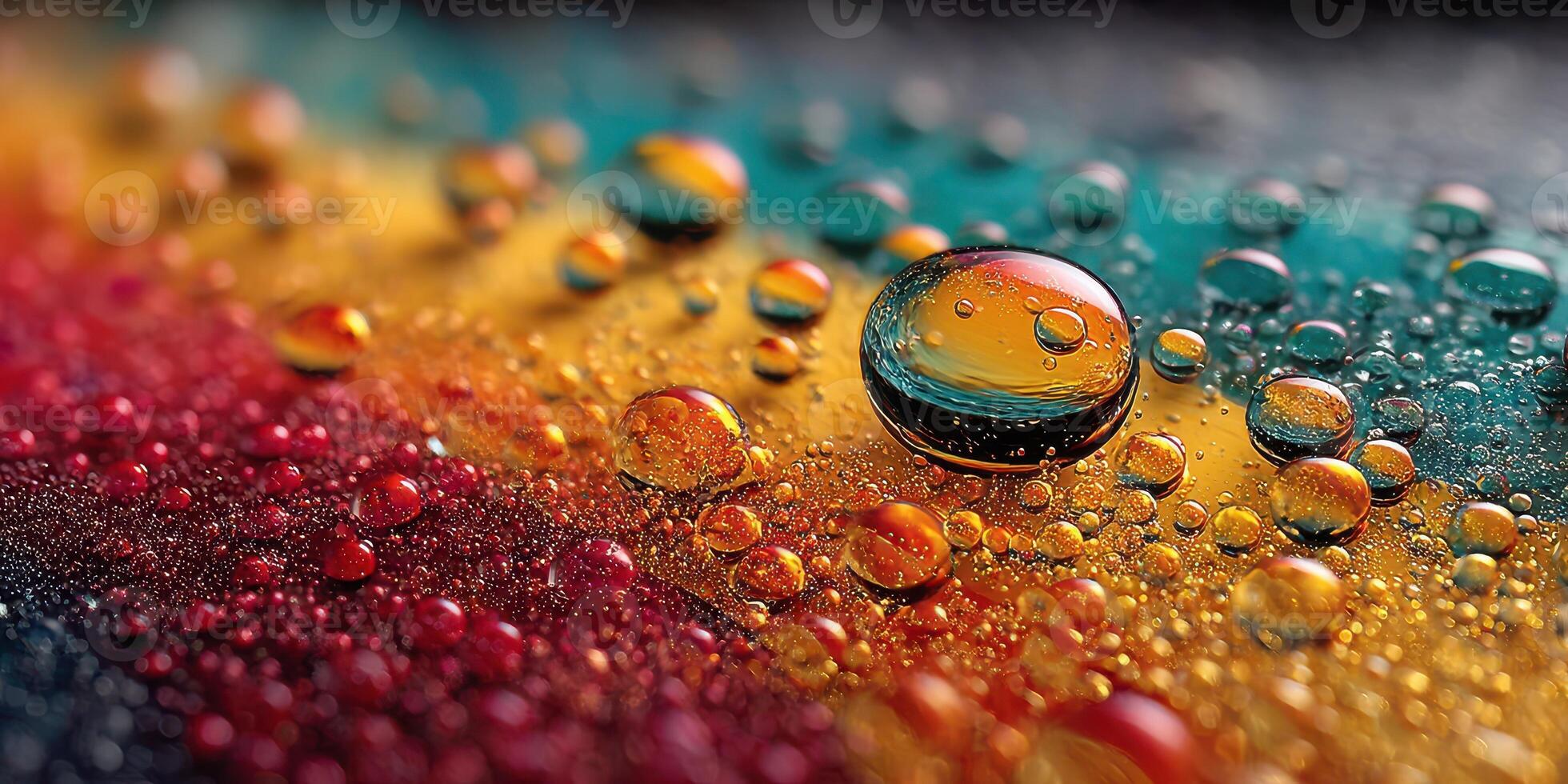 Water droplets on vibrant surface create stunning visual contrast with rainbow colors at close range photo