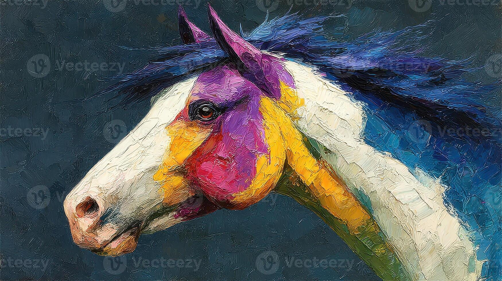 Colorful horse portrait featuring vibrant brush strokes and artistic flair in a detailed close-up view photo