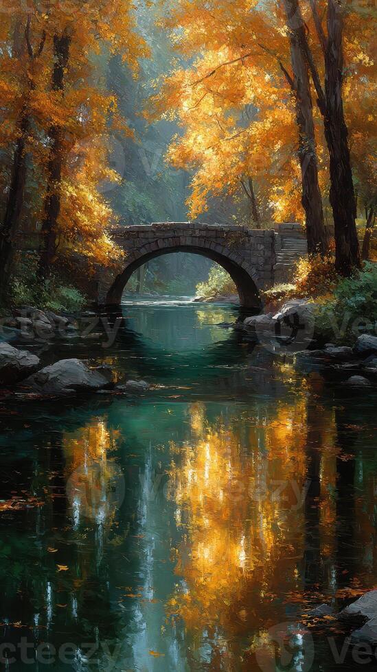 Autumn reflections over a tranquil stream with a stone bridge surrounded by vibrant foliage in a peaceful forest setting photo