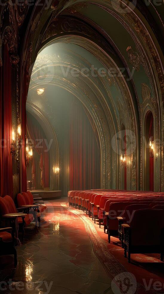 Elegant interior of a vintage theater showcasing ornate architecture and plush seating illuminated by soft lighting photo