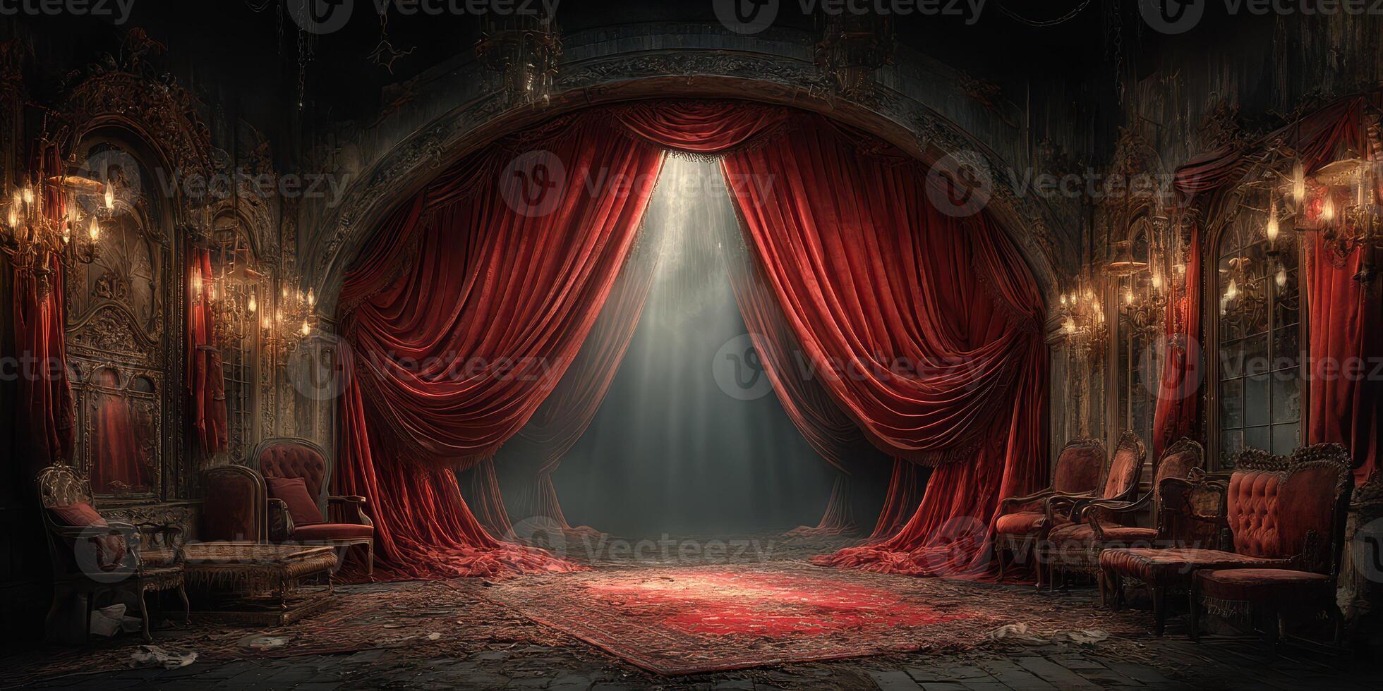 Hauntingly beautiful interior with red curtains and vintage furnishings in an abandoned theater photo