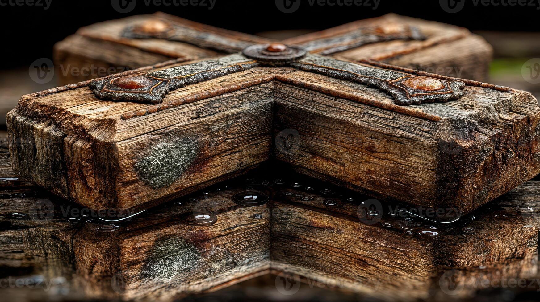 Detailed wooden cross with metallic accents reflected in water in an outdoor setting during the day photo