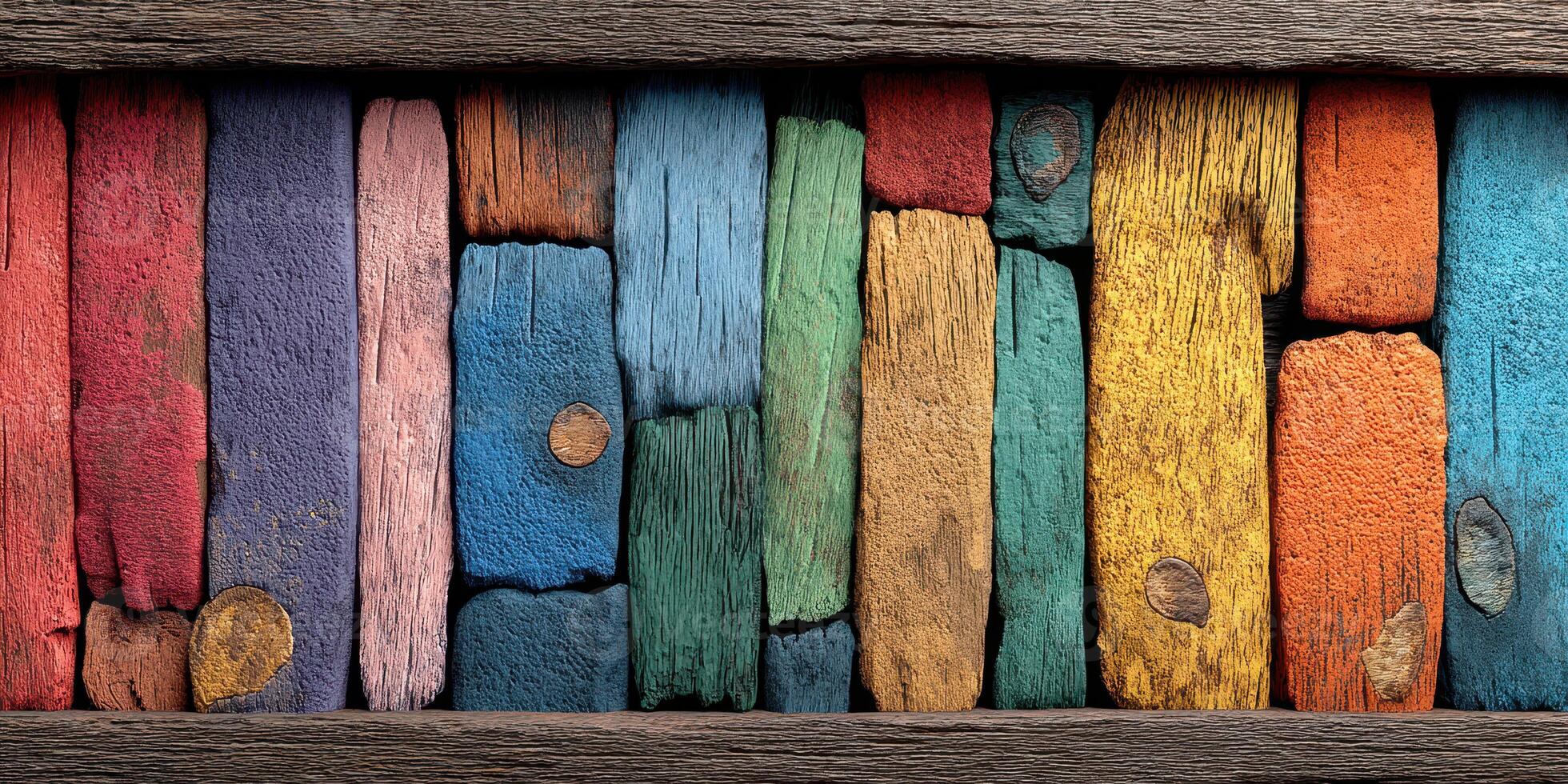 Colorful wooden planks arranged in a vibrant pattern create a striking visual display in a rustic setting photo