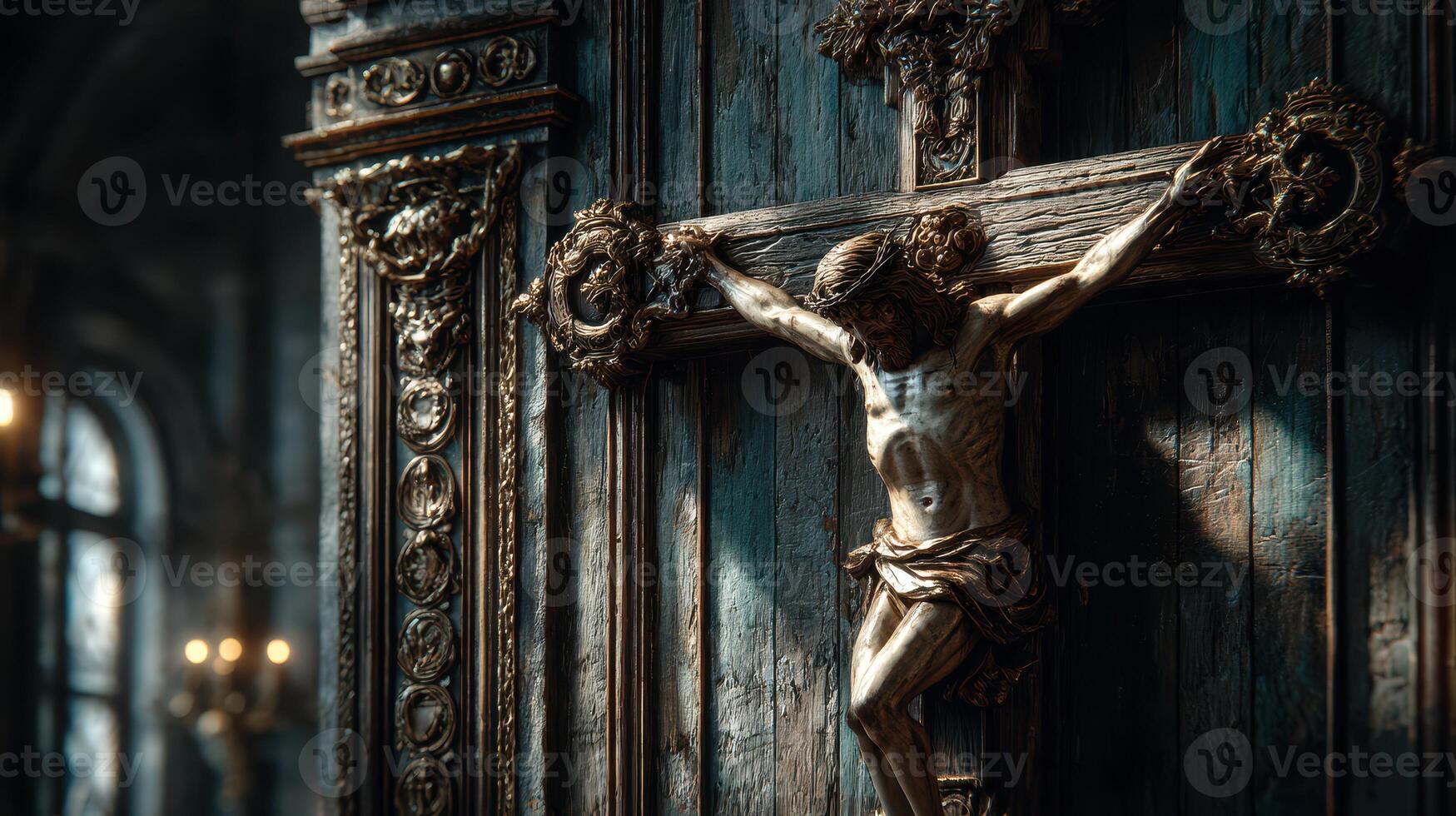 Intricate wooden crucifix displayed within a dimly lit ornate chapel showcasing exquisite craftsmanship photo