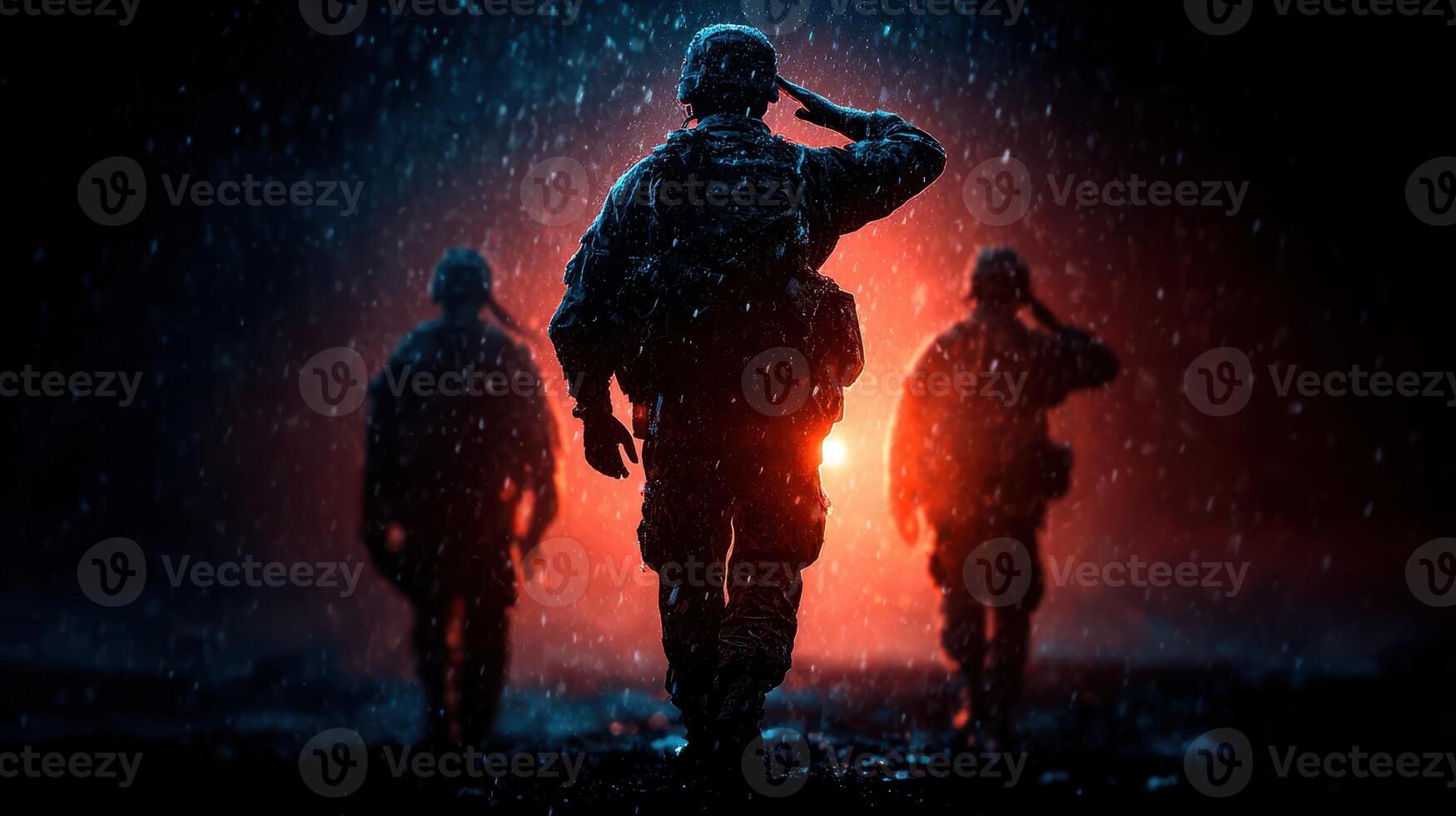Soldiers saluting during a rainstorm at night with dramatic lighting effects photo