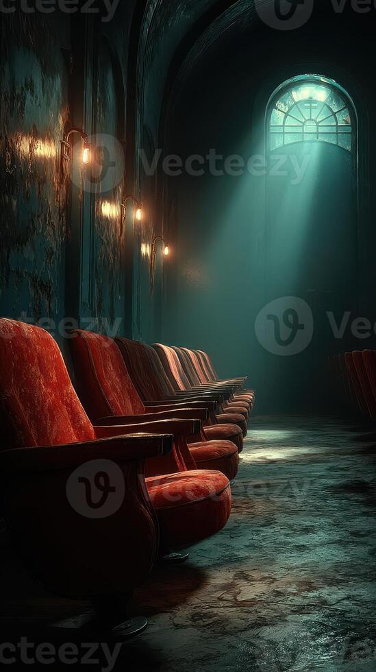 Forgotten theater with vintage chairs illuminated by rays of light in an old building photo