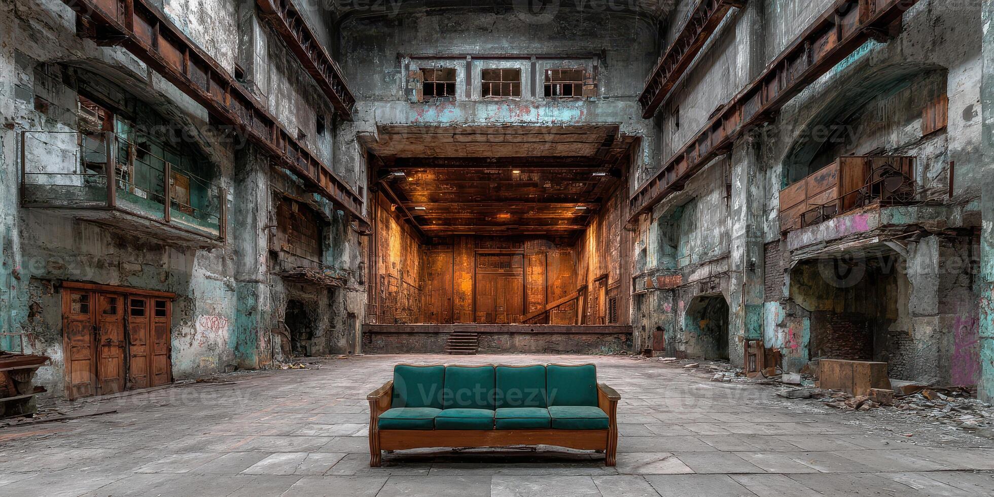Abandoned theater showcasing a vintage green sofa in a desolate interior during the golden hour light photo