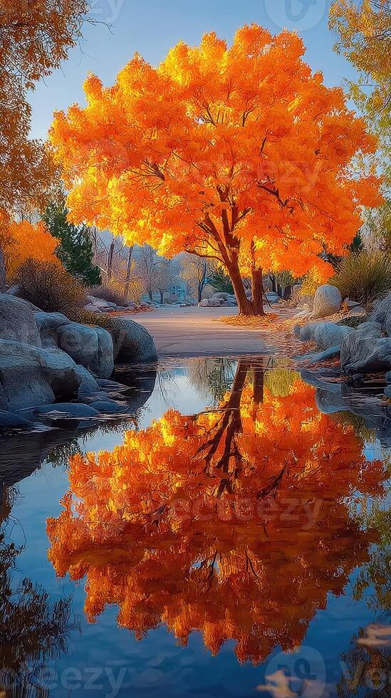 Vibrant autumn tree reflected in calm water amidst a serene landscape during late afternoon photo