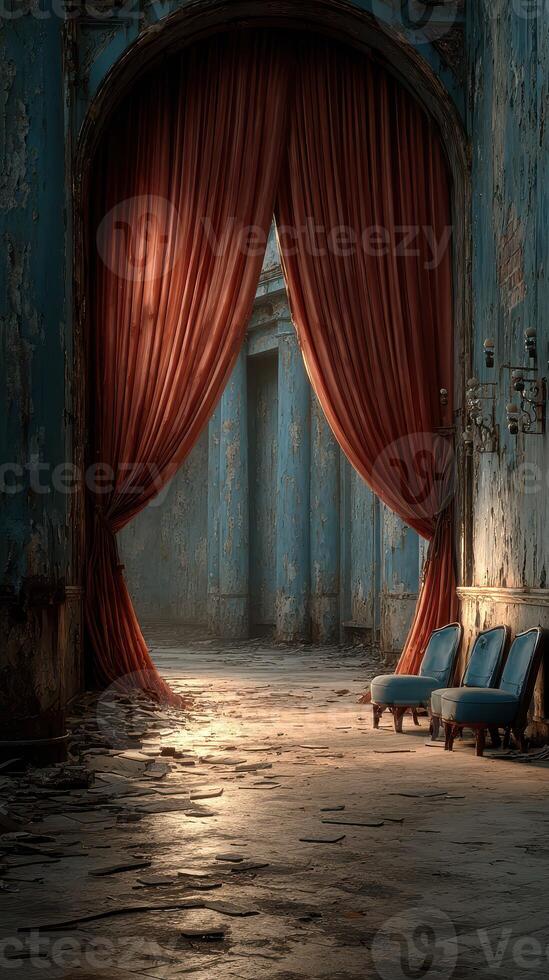 Elegant ruined hall with red drapery and blue chairs in an abandoned building photo