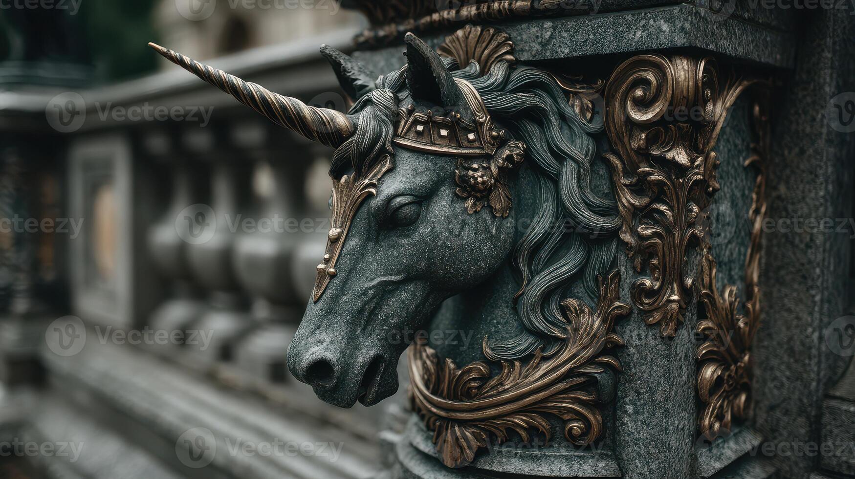 Sculpted unicorn head adorns ornate architecture in a historic city photo