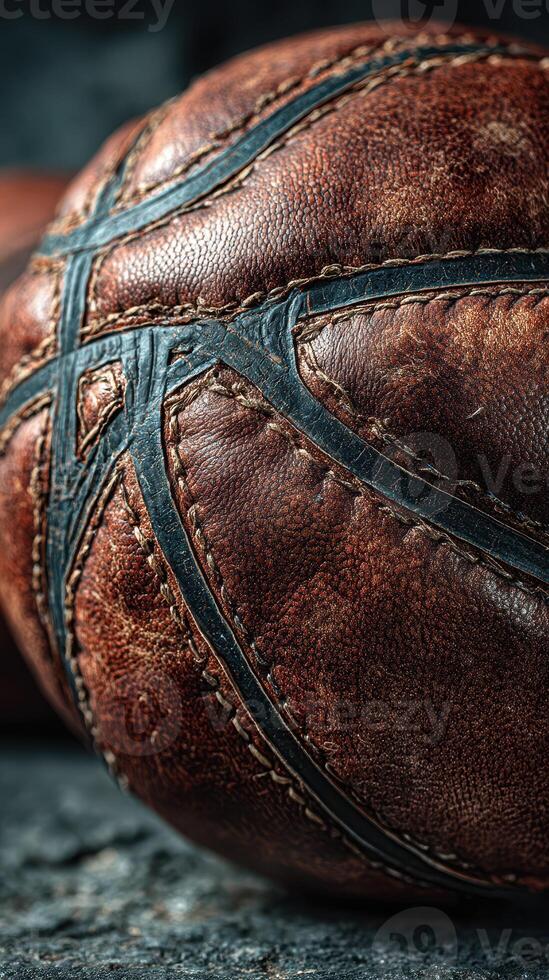 Close-up view of a textured leather basketball resting on a dark surface, highlighting its craftsmanship and details during sports practice photo