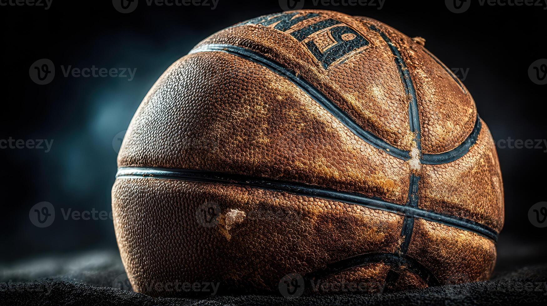 Worn basketball resting on a black surface with soft lighting highlighting its texture and details photo