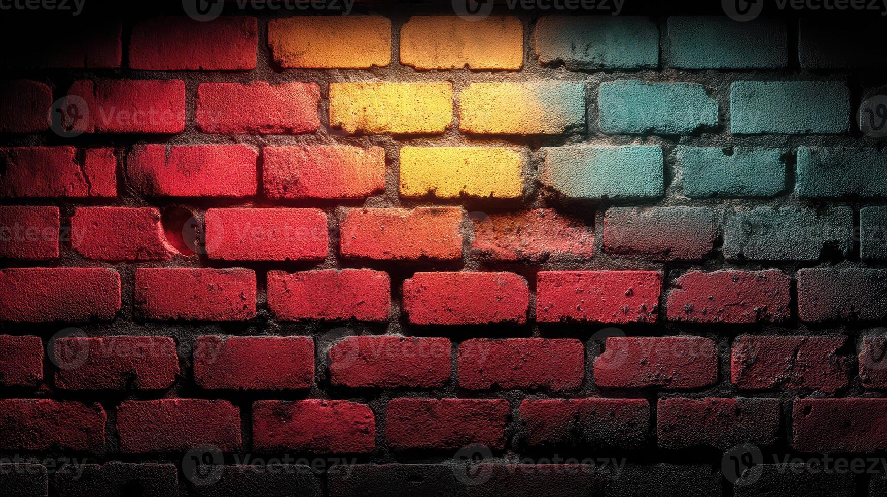Vibrant colors illuminate a textured brick wall in an urban setting during evening hours photo