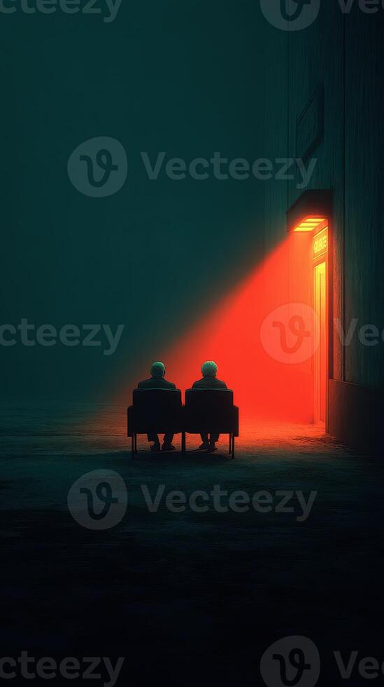 Two figures sit in darkness, illuminated by a red light from an open door on a misty night photo