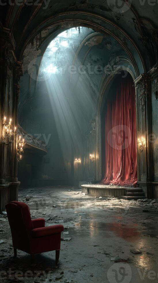 Abandoned theater with red curtains illuminated by sunlight in a derelict building interior photo