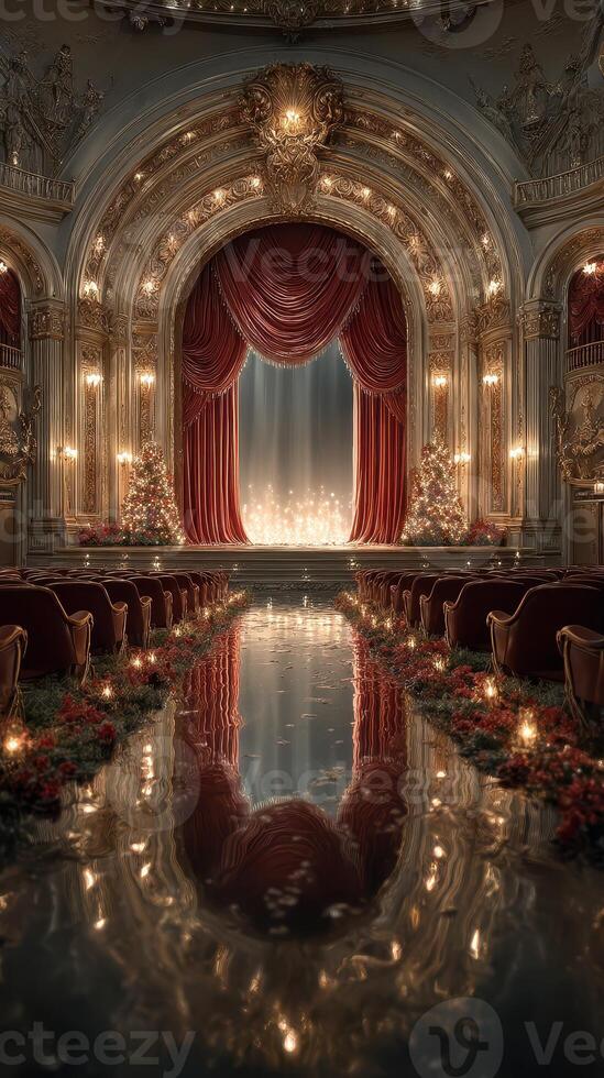 Elegant theater stage adorned with festive decorations and reflections, creating a magical atmosphere for a winter performance photo