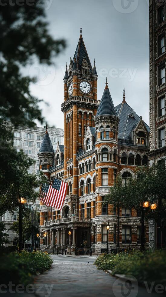 Historic building with vibrant architecture in city center displaying large flag and clock tower under overcast sky photo