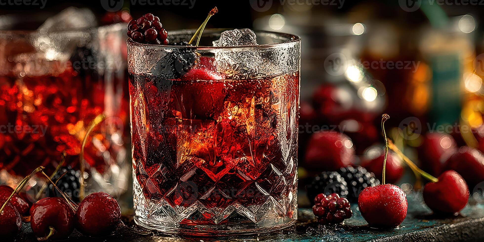Refreshing summer cocktail with cherries and blackberries on a rustic wooden table photo