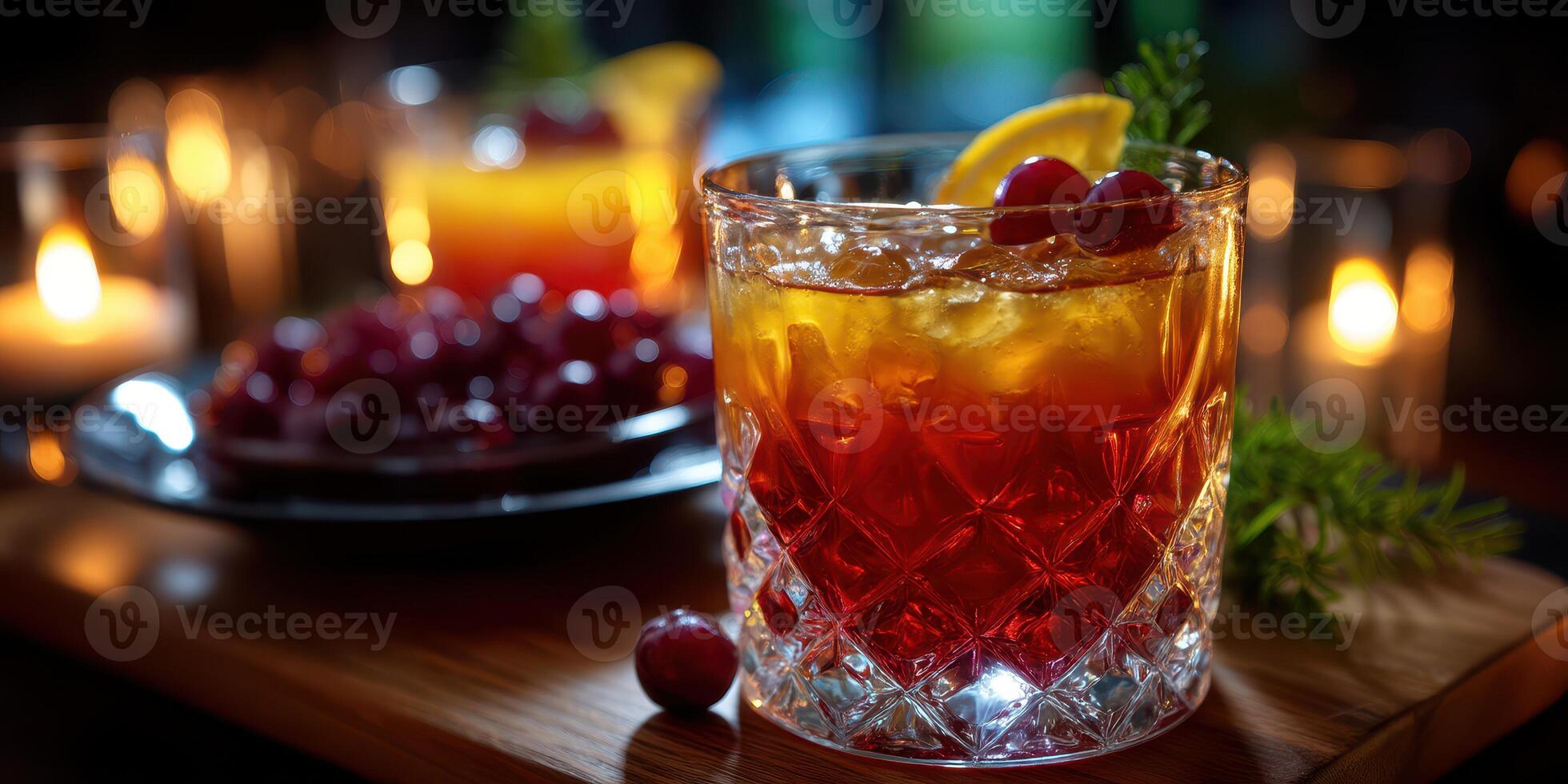 Elegant cocktail garnished with citrus and cherries in a cozy dimly lit setting during an evening gathering photo