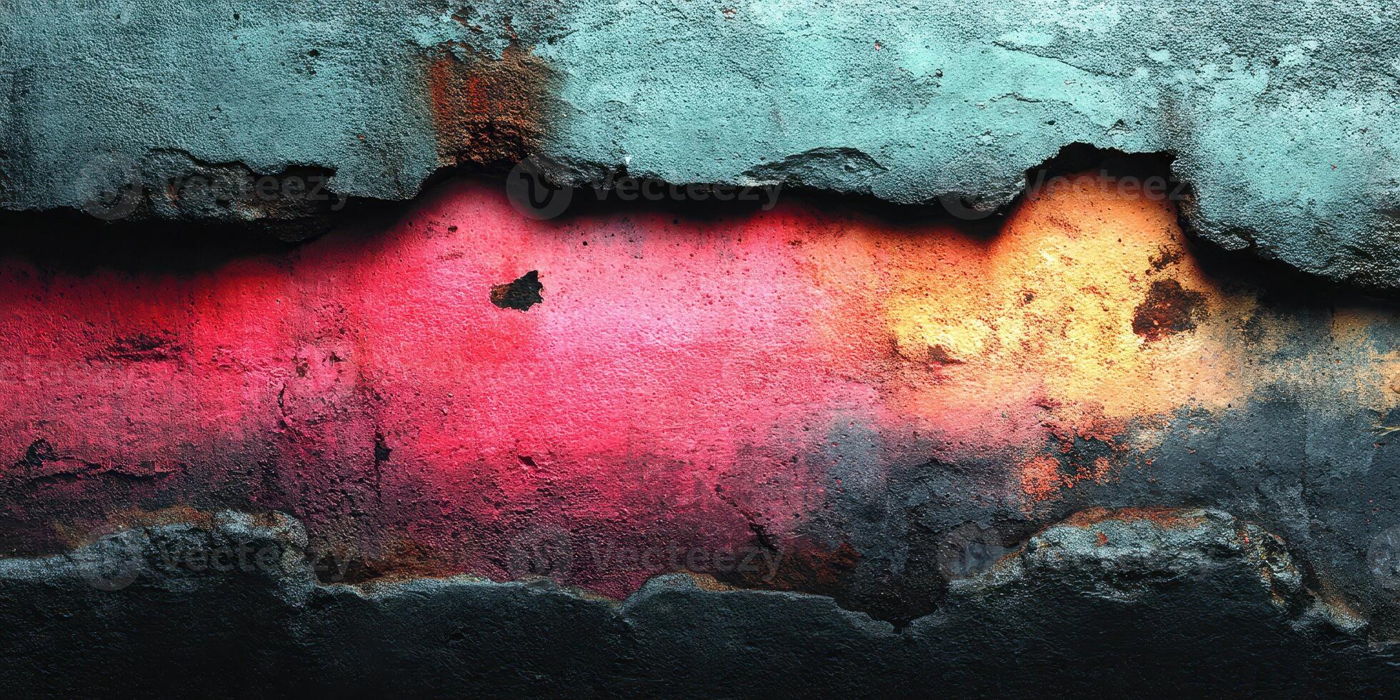 Colorful texture of peeling paint on a concrete wall showcasing vibrant hues of red, orange, and blue during daylight hours photo