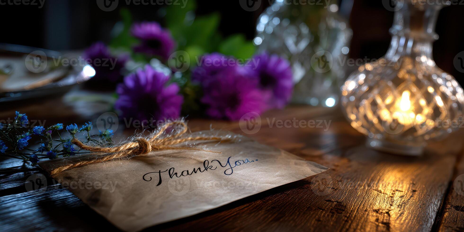 Elegant thank you card on wooden table with flowers and candlelight creating a warm atmosphere for a memorable occasion photo