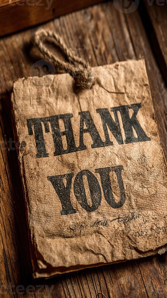 Rustic thank you card displayed on a wooden surface with natural lighting photo