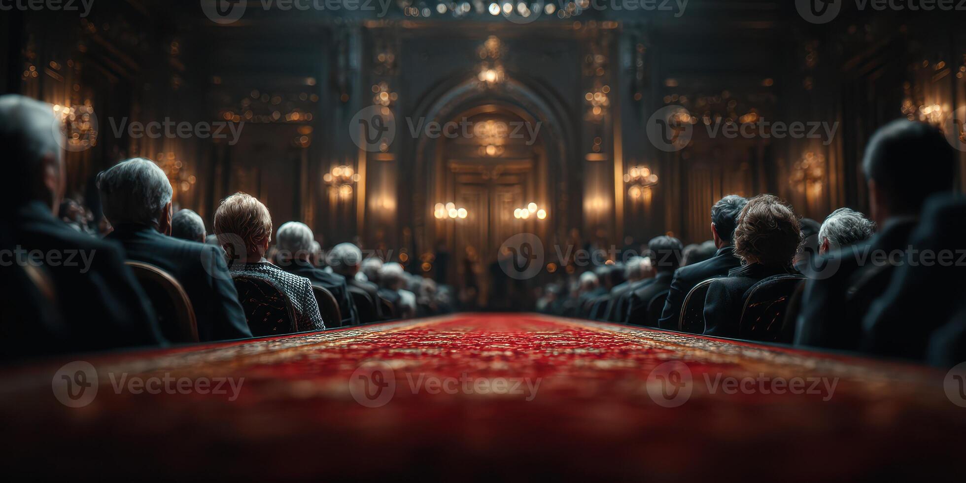 Audience seated in a grand hall for an important ceremony with ornate decor and dramatic lighting photo