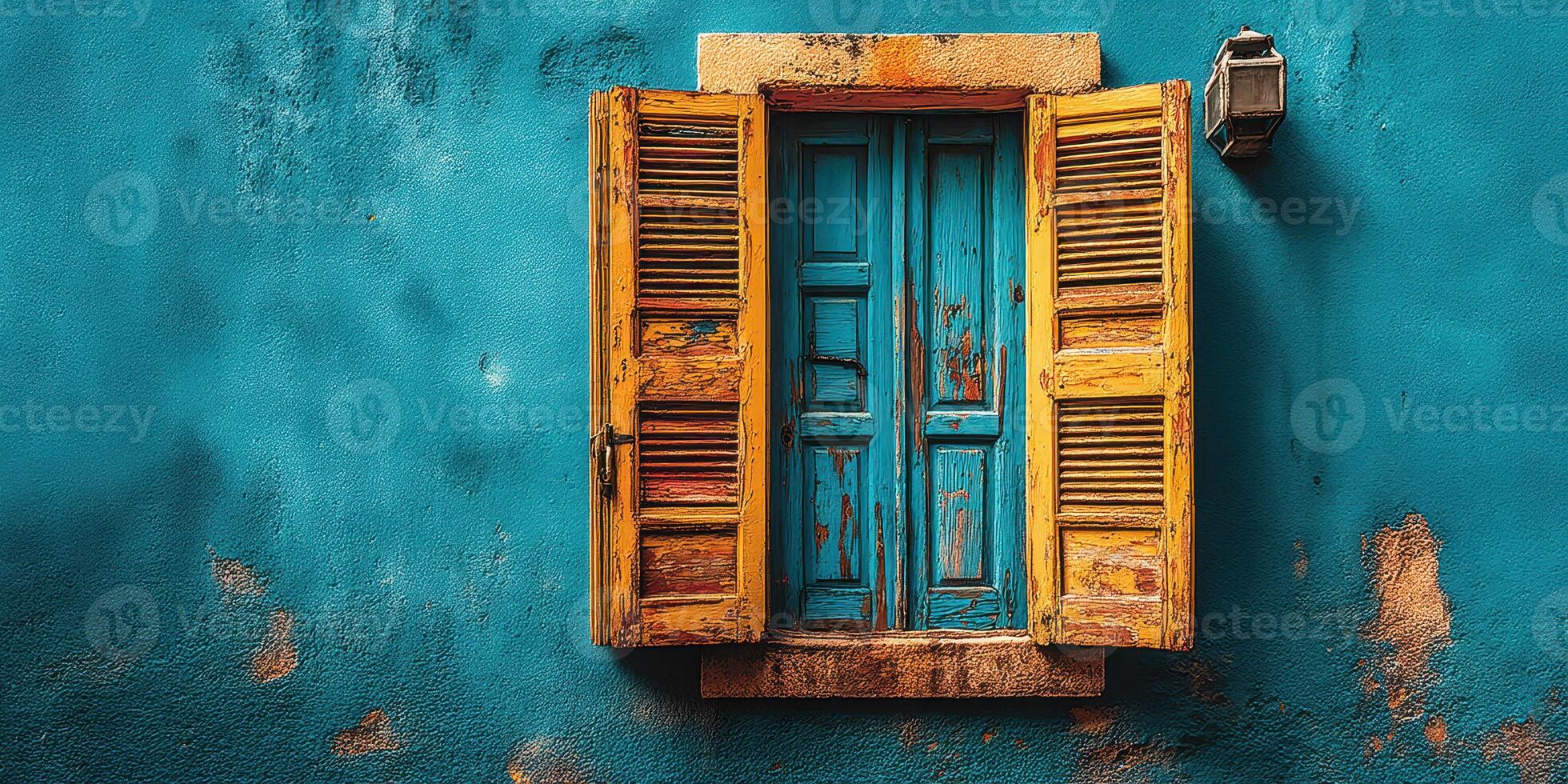 Colorful shutters on a rustic blue wall create a vibrant aesthetic in a charming village setting photo