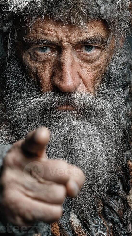 Elderly man with a gray beard pointing directly at the viewer in a dramatic portrait setting photo