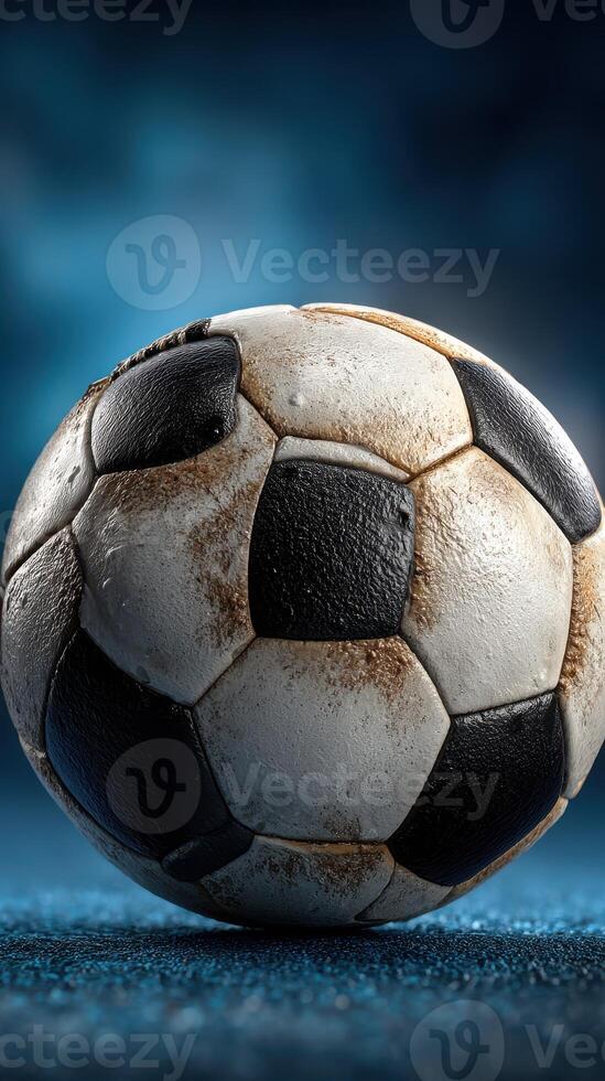 Soccer ball with worn surface resting on a textured surface in a dramatic blue lighting photo